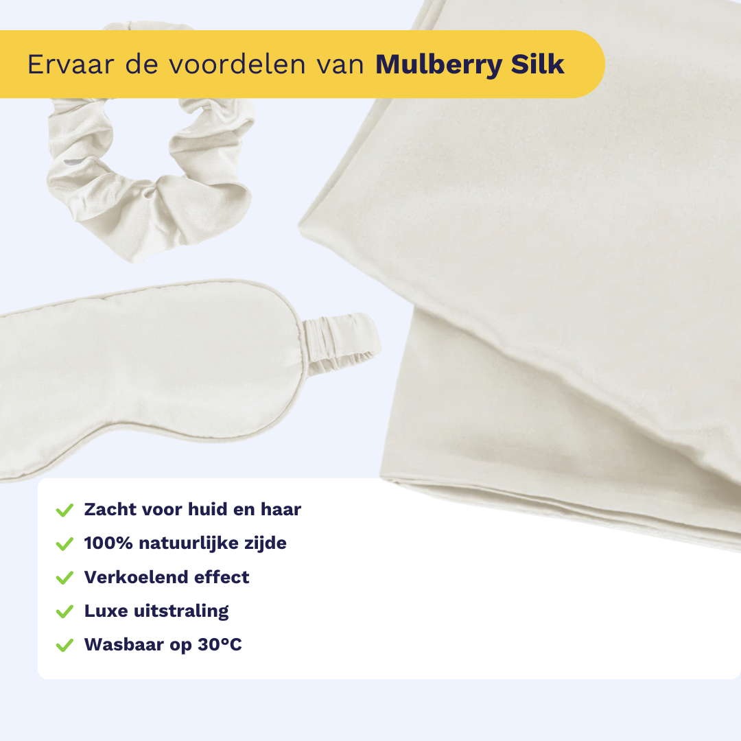 De Zelesta Sleeping Beauty Set - Pearl White bevat een satijnen kussensloop, slaapmasker en scrunchie. Mulberry Silk is zacht, verkoelend, luxe en wasbaar op 30°C. Ideaal voor verzorgde nachten zonder pluizig haar.