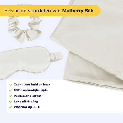 De Zelesta Sleeping Beauty Set - Pearl White bevat een satijnen kussensloop, slaapmasker en scrunchie. Mulberry Silk is zacht, verkoelend, luxe en wasbaar op 30°C. Ideaal voor verzorgde nachten zonder pluizig haar.