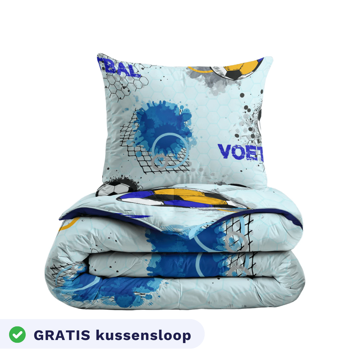 De Zelesta Kiddybed - Soccer Dream set bestaat uit een opgevouwen blauw-wit dekbed met vaste hoes, een bijpassend kussen met voetbalthema en een kussensloop met GRATIS kussensloop - ideaal om plezier en comfort toe te voegen aan de kamer van je kind.
