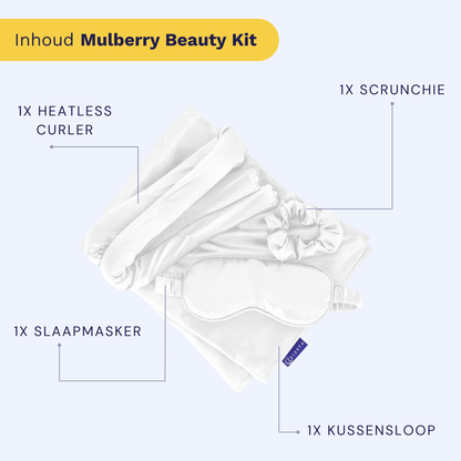De Zelesta Sleeping Beauty Set - Wonderful White bestaat uit een warmteloze kruller, slaapmasker, scrunchie en anti-aging Mulberry zijden kussensloop - allemaal in wit en elegant weergegeven op een lichte achtergrond.