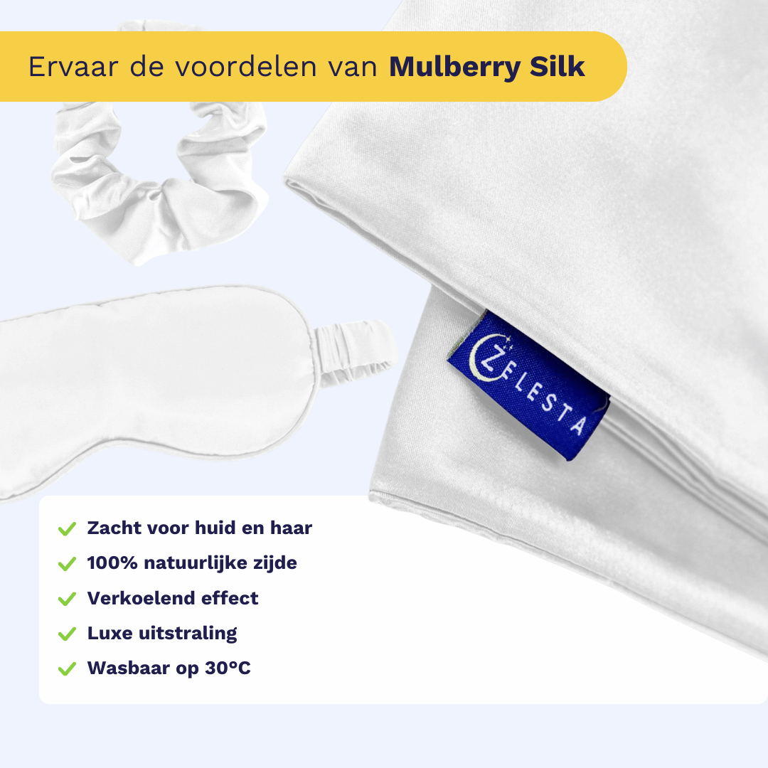 Zelesta Sleeping Beauty Set - Wonderful White op een lichte achtergrond met kussensloop, scrunchie en slaapmasker van Mulberry zijde, met Nederlandse tekst over de anti-aging voordelen van deze luxe zijde.