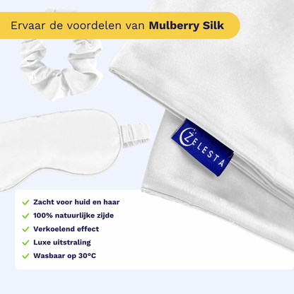 Zelesta Sleeping Beauty Set - Wonderful White op een lichte achtergrond met kussensloop, scrunchie en slaapmasker van Mulberry zijde, met Nederlandse tekst over de anti-aging voordelen van deze luxe zijde.