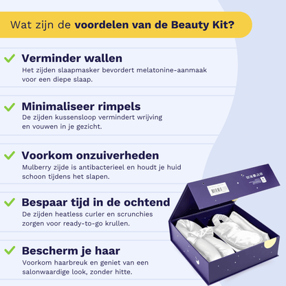 Een Nederlandse infographic somt vijf voordelen op van de Zelesta Sleeping Beauty Set - Wonderful White, waaronder anti-aging effecten zoals het verminderen van wallen en het minimaliseren van rimpels. Een open kitdoos toont een Mulberry zijden kussensloop en slaapmasker.
