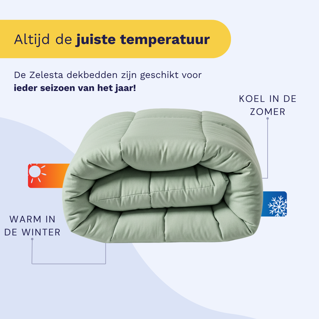 Een gevouwen groen dekbed, de Zelesta Wonderbed Katoen - Natural Green, met labels die laten zien dat het je warm houdt in de winter en koel in de zomer - perfect voor elk seizoen.