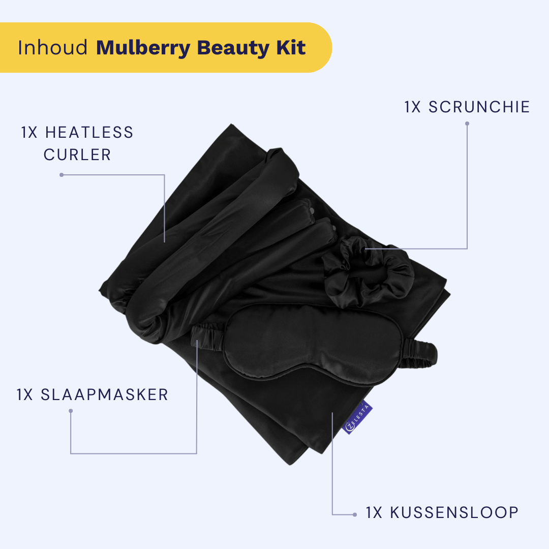 De Zelesta Sleeping Beauty Set - Universal Black bevat een hittebestendige kruller, anti-aging Mulberry zijden kussensloop, slaapmasker en scrunchie-ingrediënten van de Mulberry Beauty Kit.