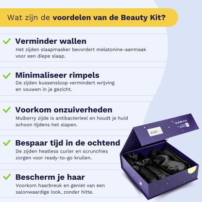 Een Nederlandse infographic somt vijf voordelen op van de Zelesta Sleeping Beauty Set - Universal Black, met icoontjes, beschrijvingen en een open paarse doos met anti-verouderingsaccessoires zoals een Mulberry zijden kussensloop en een slaapmasker.